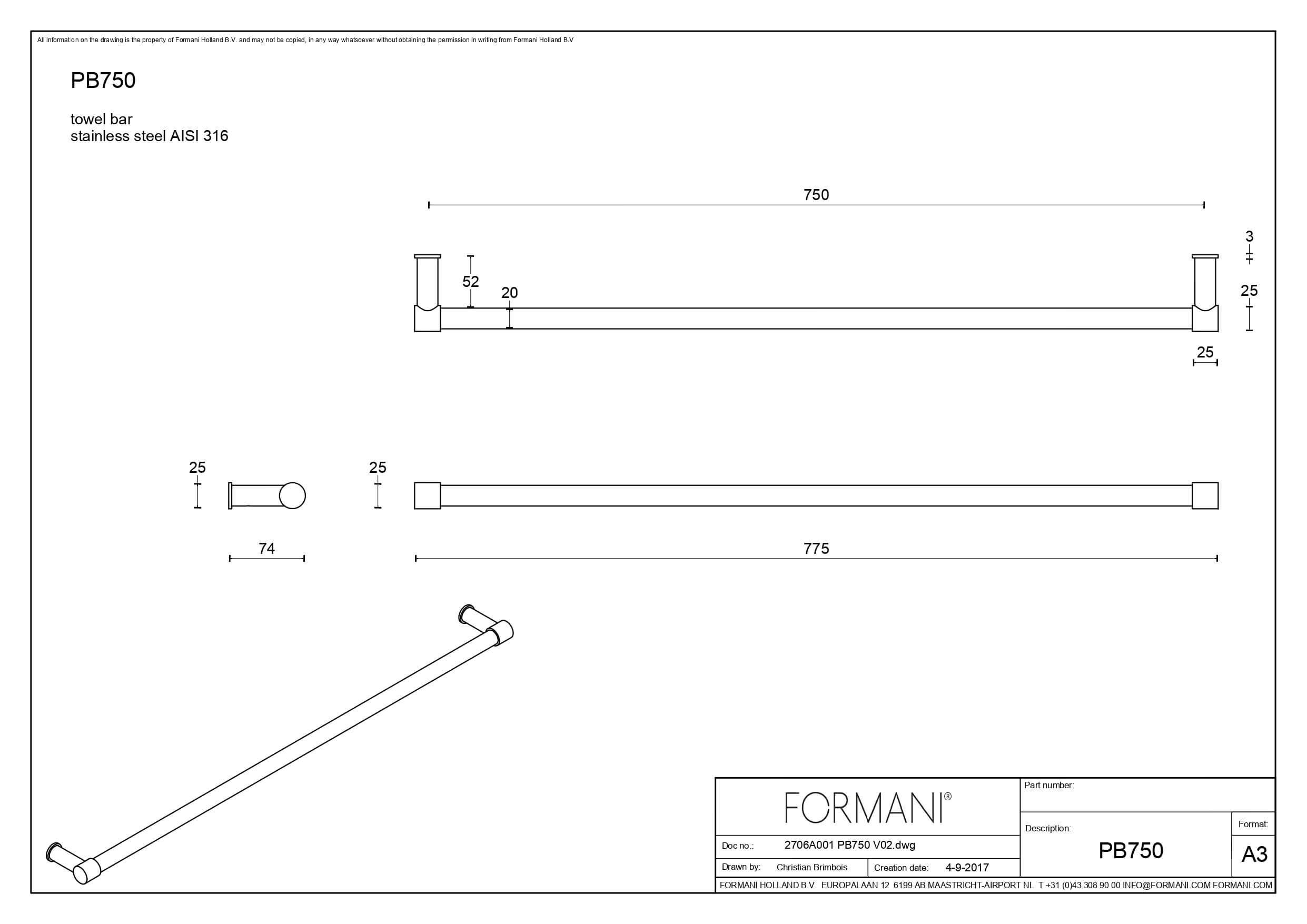Handdoekstang Piet Boon PB750 enkel mat RVS AISI 316 - 77,5cm