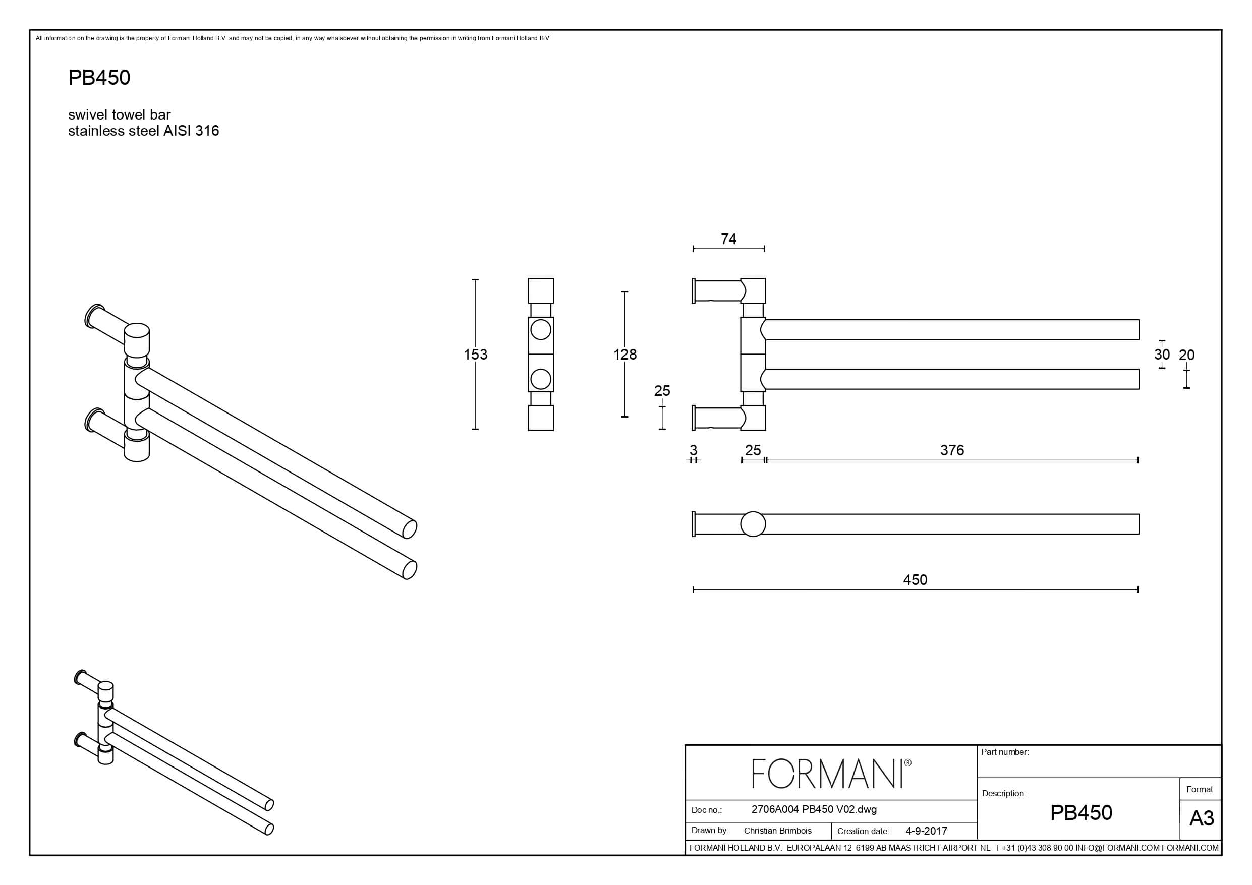 Draaibare handdoekstang by Piet Boon PB450 mat roestvast staal AISI 316 - 45cm